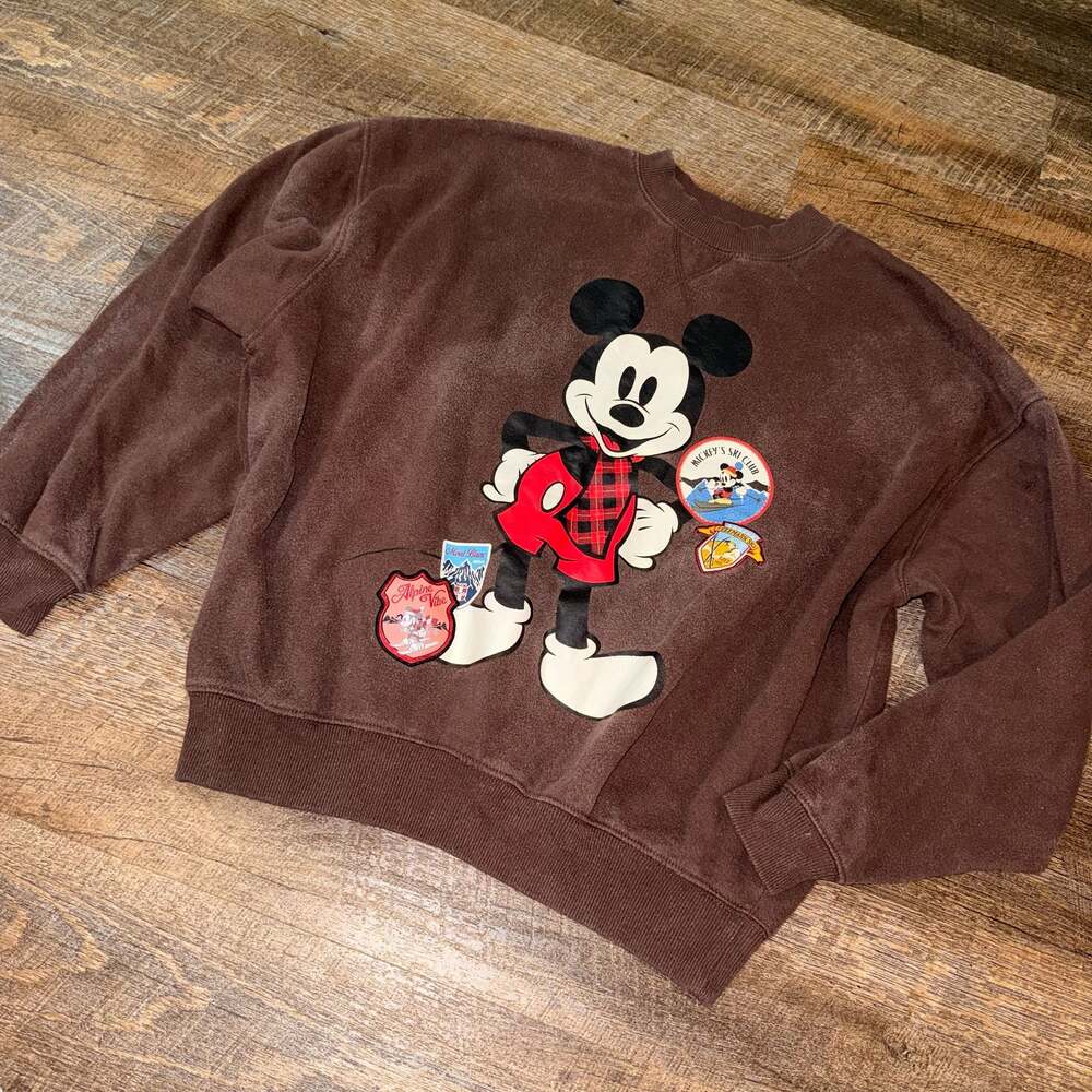 Disney Mickey Mouse Ski Club Graphic Sweatshirt Brown Small